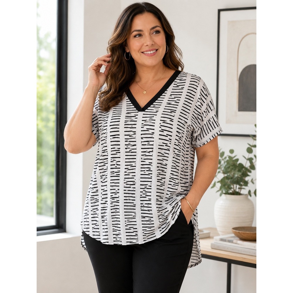Worthington Womens XL Black White Abstract Stripe V-Neck High-Low Blouse Top